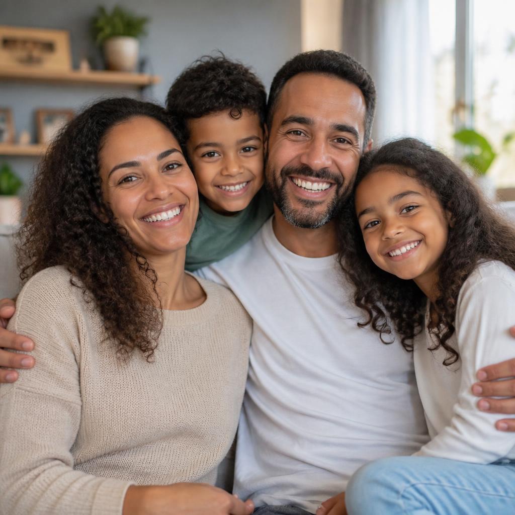 Família civil sorridente protegida pela QV Benefícios
